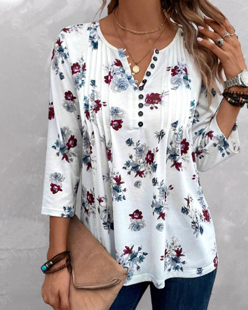 Damen Bluse mit floralem Print und Knopfdetails Drune