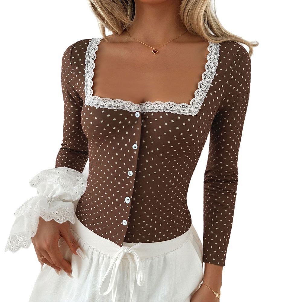 Damen Langarmshirt mit romantischen Spitzenakzenten und Knopfdetail Drune