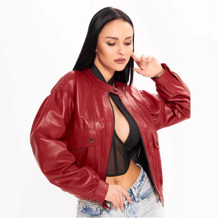 Damen klassische Kunstlederjacke im modischen Oversized-Schnitt Drune