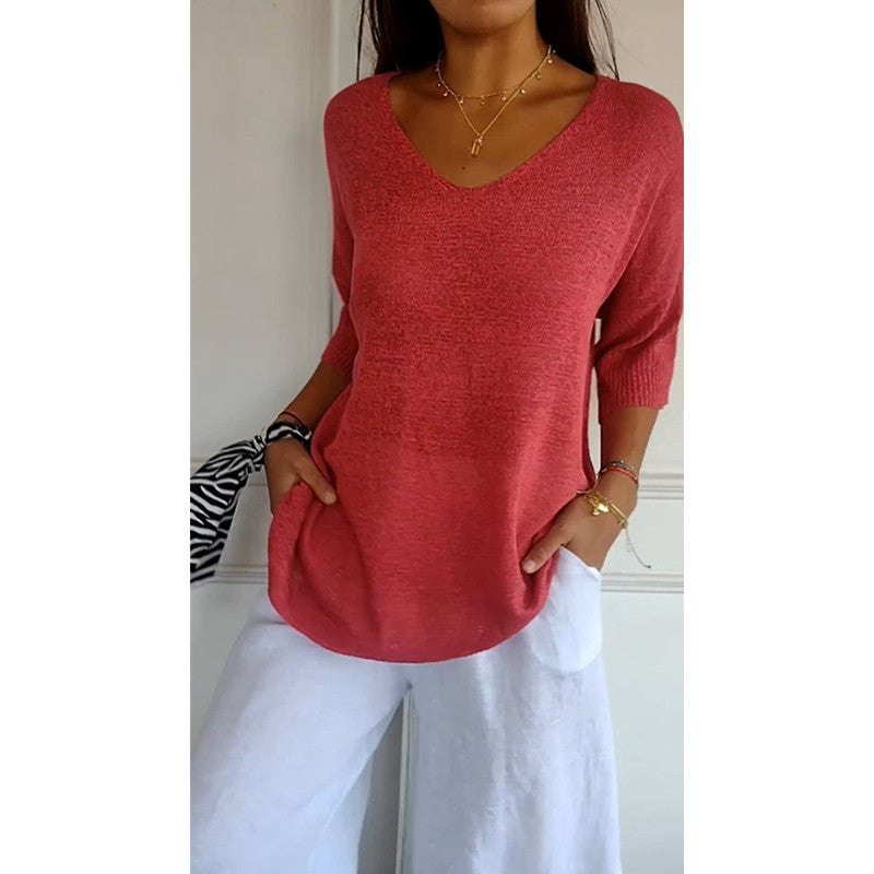 Damen nan locker sitzender V-Ausschnitt Feinstrickpullover mit dreiviertelÄrmeln Drune