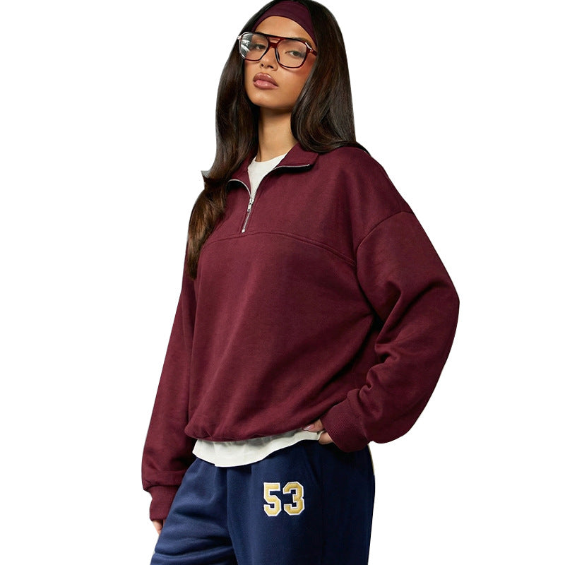 Damen lässiger Oversized Pullover mit Halbreißverschluss und weichem Fleece Drune