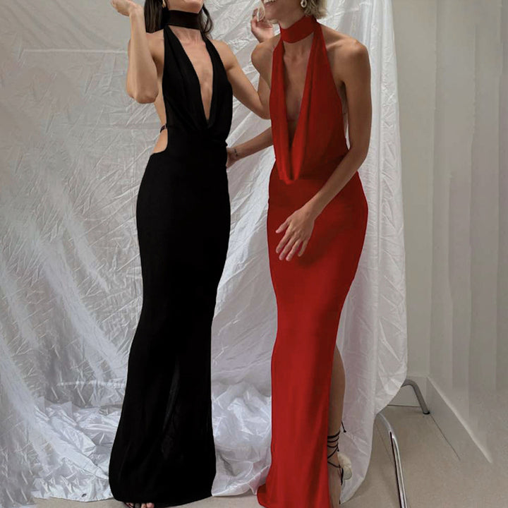Damen Elegantes Maxikleid mit tiefem V-Ausschnitt und seitlichen Cut-Outs Drune