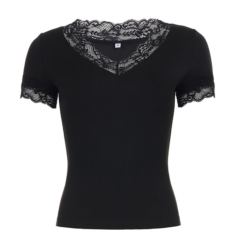 Damen Elegantes Spitzen-T-Shirt mit V-Ausschnitt und Kurzarm Drune