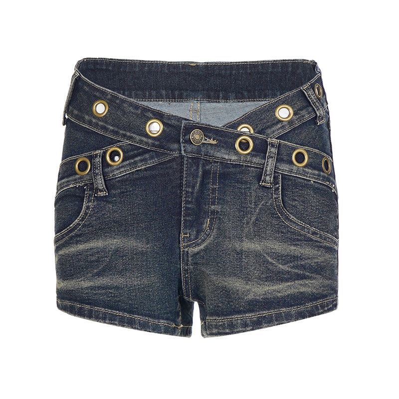 Damen Flared Jeans mit dekorativen Knopfdetails und modischemused Finish Drune