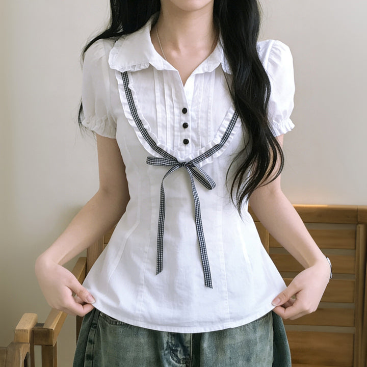 Damenbluse mit Rüschendetails und kontrastierendem Halsband Drune