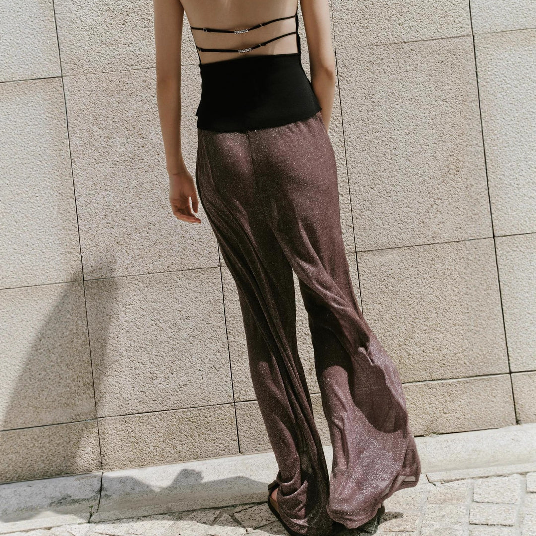 Damen weite Palazzo-Hose mit glitzerndem Effekt und elastischem Bund Drune
