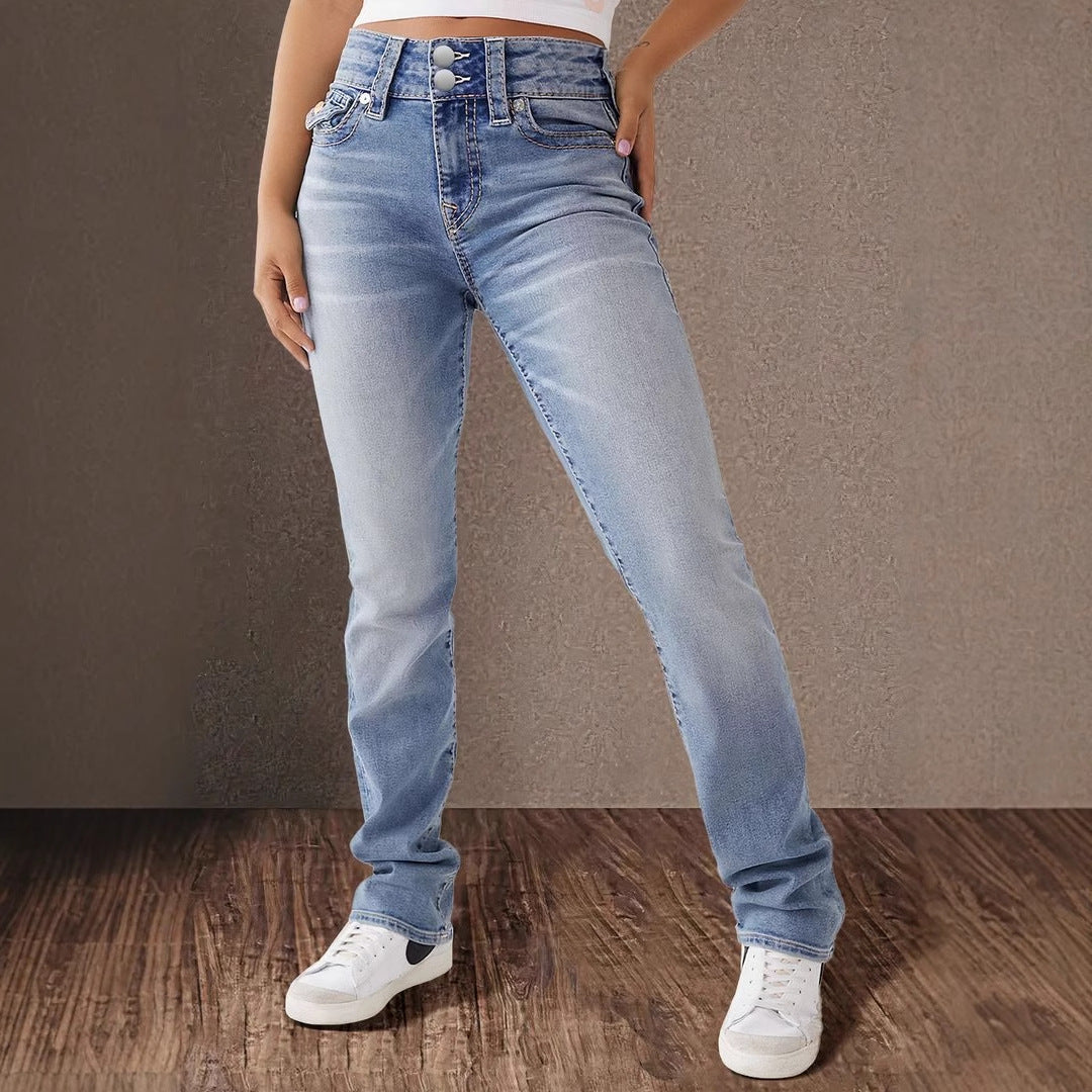 Damen Hochbundige Jeans mit dekorativen Knöpfen Drune