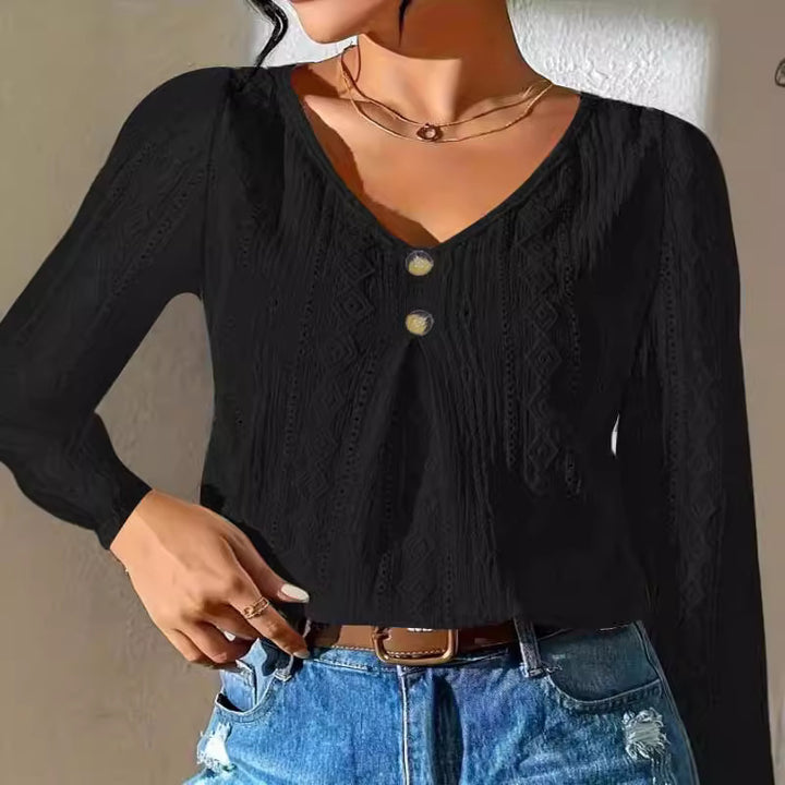 Damen Langarm Bluse mit strukturiertem Design und Knopfdetails Drune