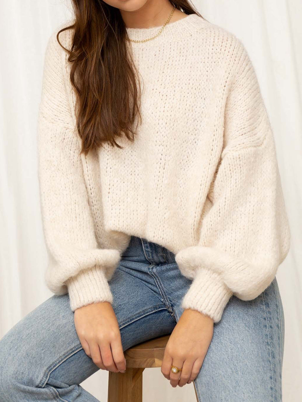 Damen Grobstrickpullover mit übergroßen Puffärmeln und hochgeschlossenem Kragen Drune