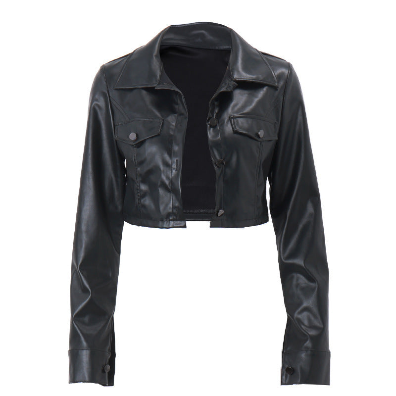 Damen cropped Kunstlederjacke mit klassischem Kragen und modischem Schnitt Drune