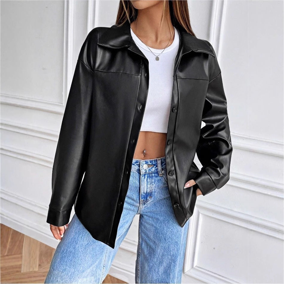 Damen modische Kunstlederjacke im schicken Oversized-Stil Drune