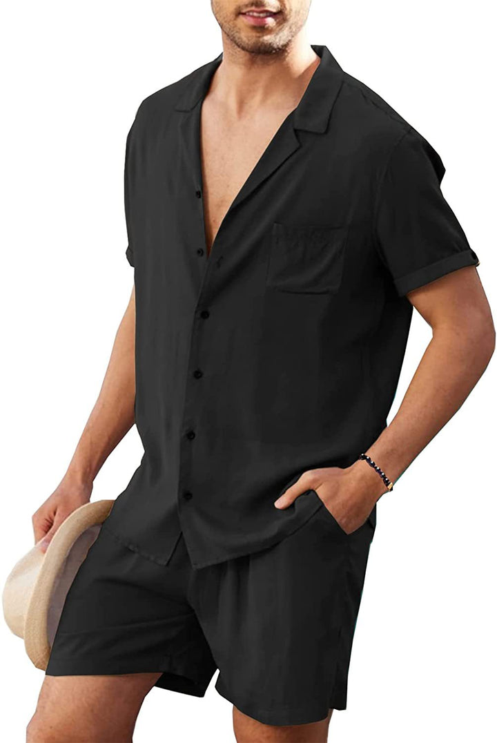 Herren nan zweiteiliges Sommer-Freizeitensemble mit offenem Revershemd und elastischer Kurzhose Drune