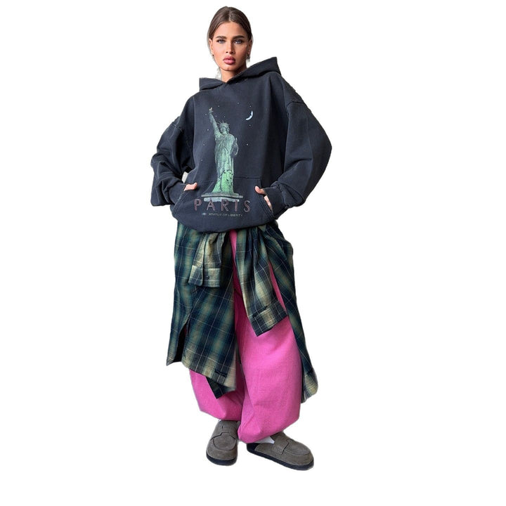 Damen Oversized Kapuzenpullover mit Kunstdruck Drune