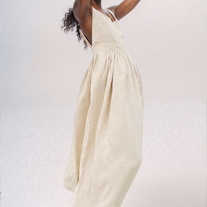 Damen Langes Leinenkleid mit tiefem V-Ausschnitt und taillierter Taille Drune