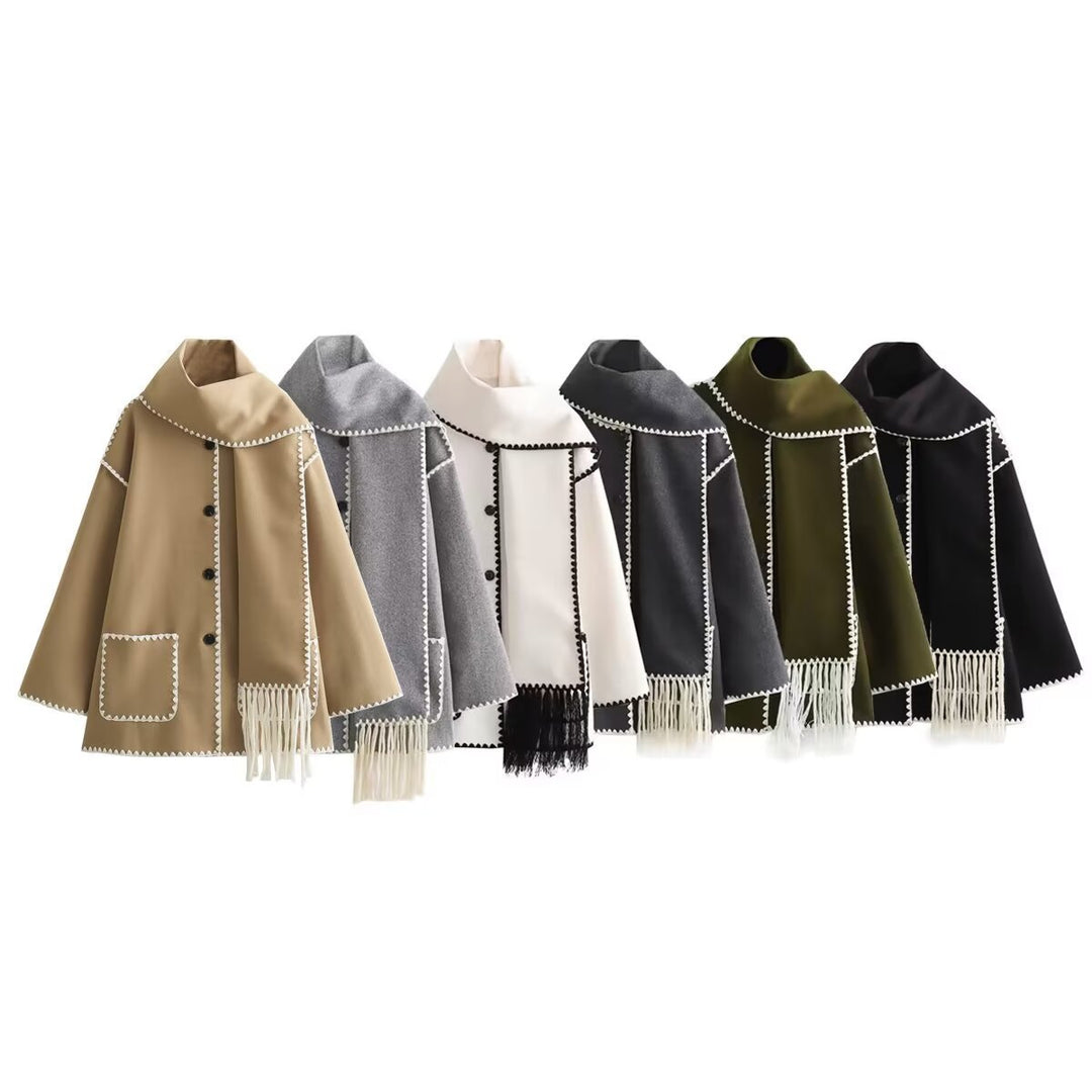 Damen elegante Wolljacke mit dekorativem Fransen-Schal Drune