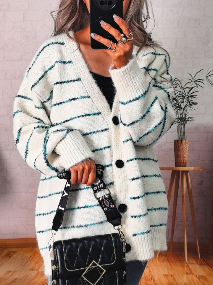 Damen kuschelige Strickjacke mit kontrastierenden Streifen Drune