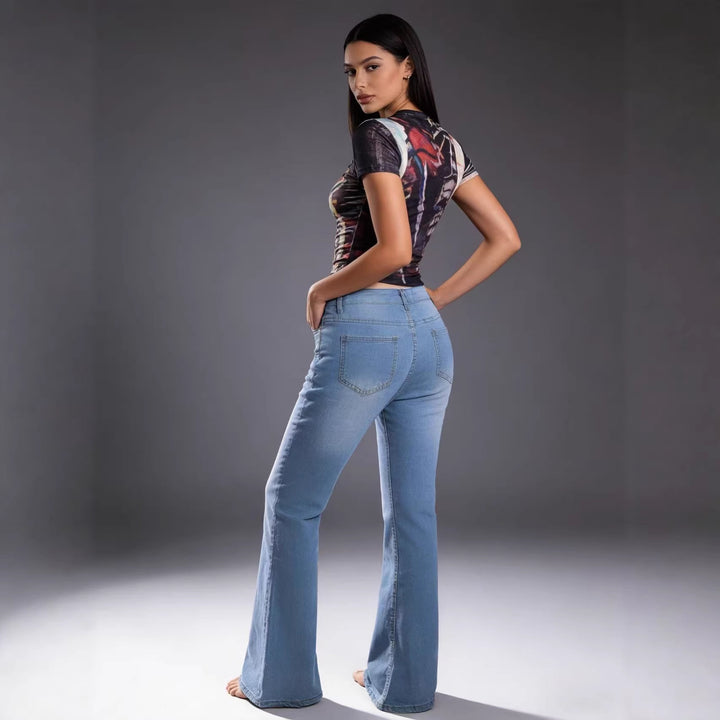 Damen Schlagjeans mit bunten Knopfdetails und hohem Bund Drune
