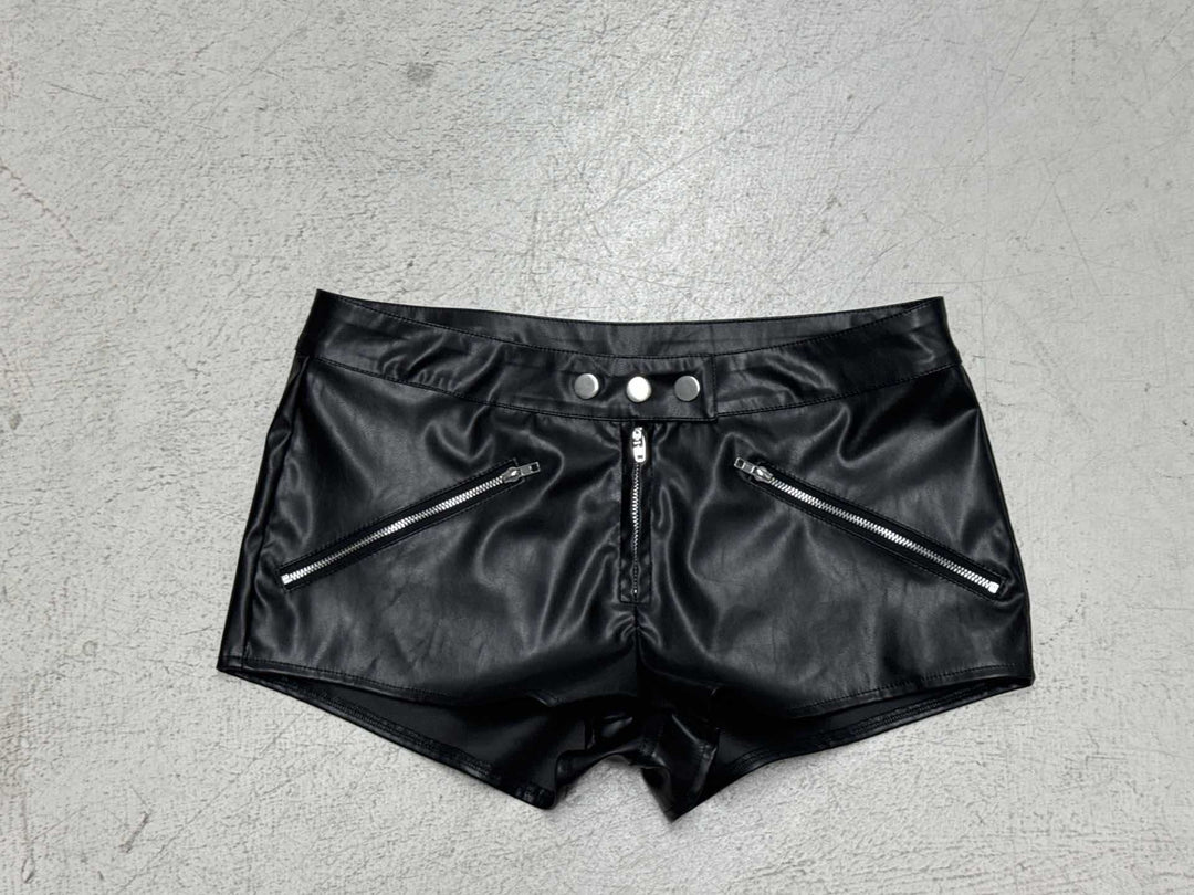 Damen Kunstleder Shorts mit angeschnittenem Schnitt und praktischen Reißverschlusstaschen Drune