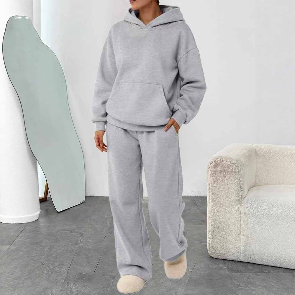 Damen nan zweiteiliges Freizeit-Lounge-Set mit Kapuzenpullover, Kängurutasche und gerader Loungehose aus weichem Baumwollmix Drune
