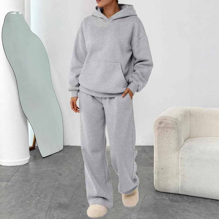 Damen nan zweiteiliges Freizeit-Lounge-Set mit Kapuzenpullover, Kängurutasche und gerader Loungehose aus weichem Baumwollmix Drune
