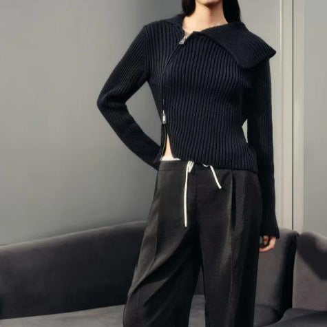 Damen Strickpullover mit asymmetrischem Reißverschluss und voluminösem Kragen Drune