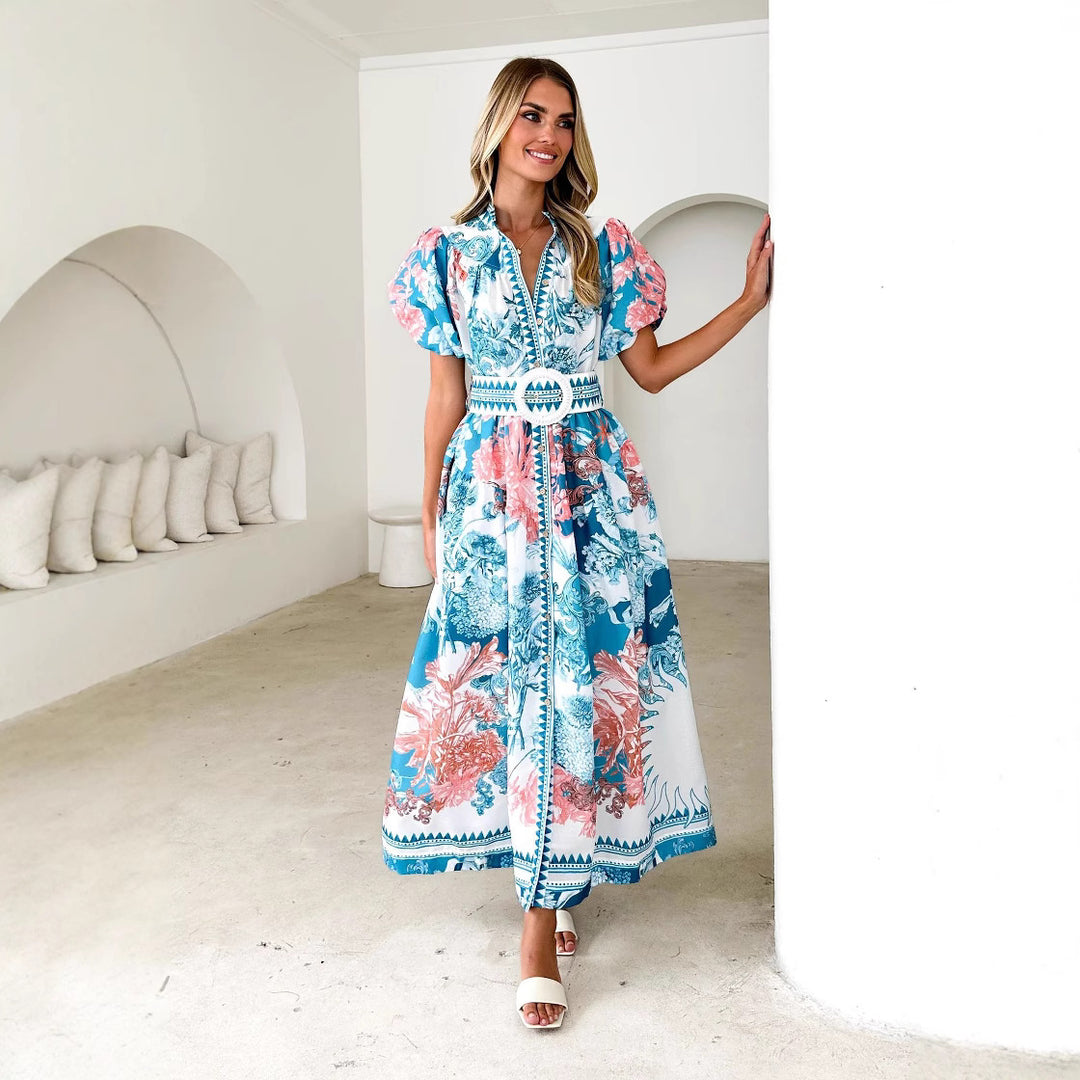 Damen Maxikleid mit hohem Kragen und eleganten Puffärmeln Drune