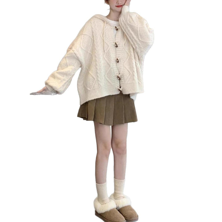 Damen Übergroße Strickjacke mit Kapuze und Zopfmuster Drune