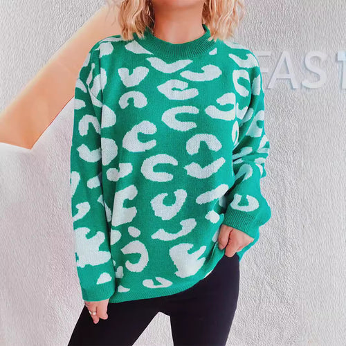 Damen gemütlicher Oversized-Pullover mit modernem Leopardenmuster und Rundhalsausschnitt Drune