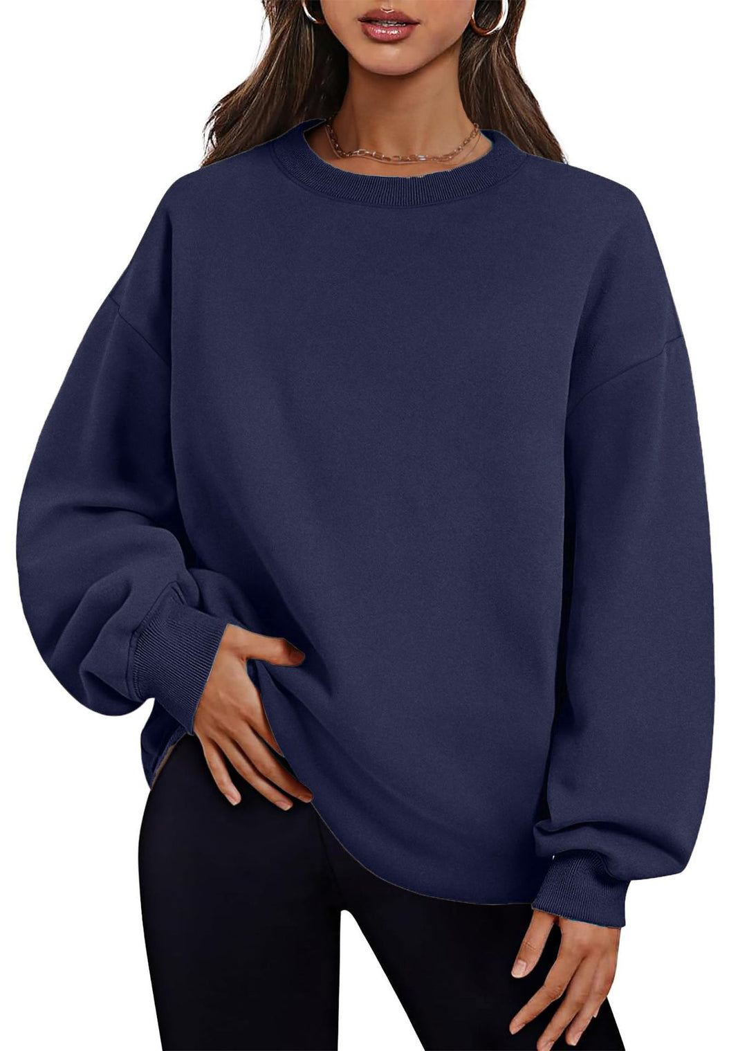Damen nan verlängertes Oversize Rundhalspullover mit seitlichen Eingrifftaschen, Rippbündchen und überschnittener Schulter Drune