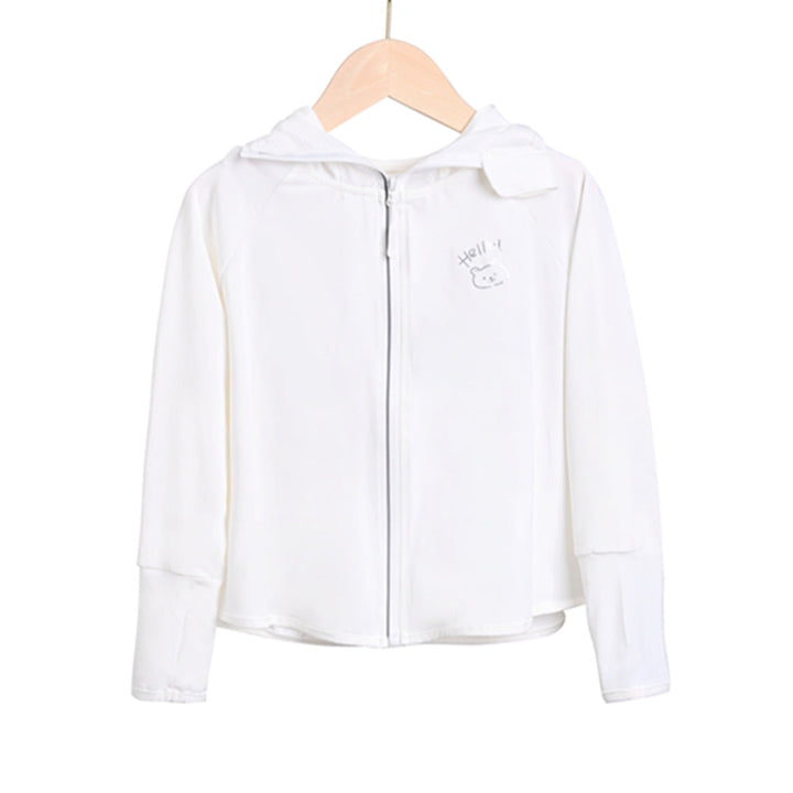 Damen leichte Sportjacke mit Kapuze und dezentem Motiv Drune