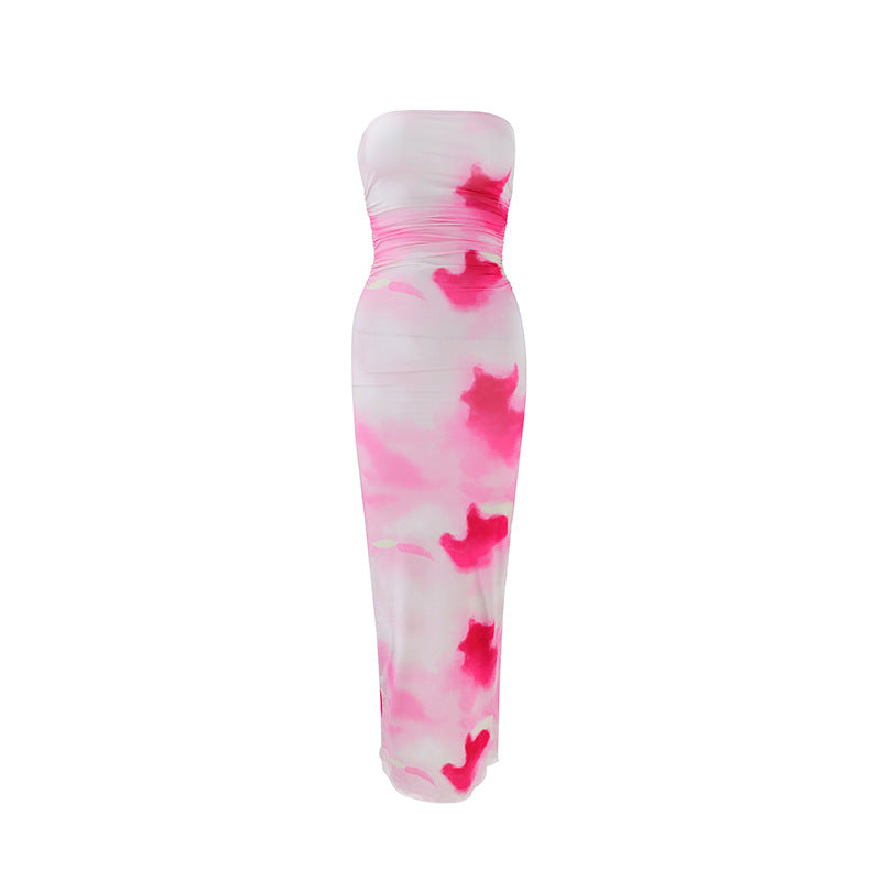 Damen elegantes, trägerloses Maxikleid mit raffiniertem Mustermix Drune