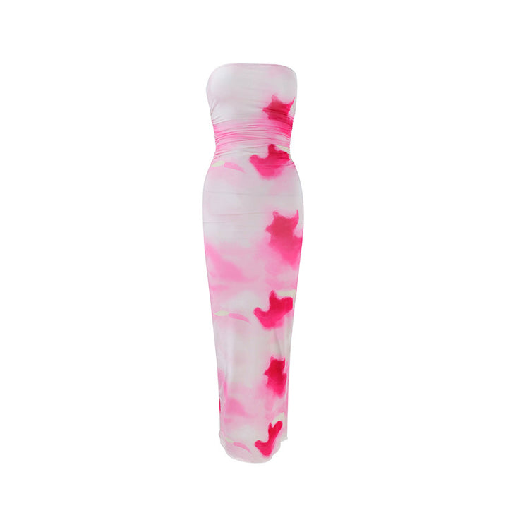 Damen elegantes, trägerloses Maxikleid mit raffiniertem Mustermix Drune