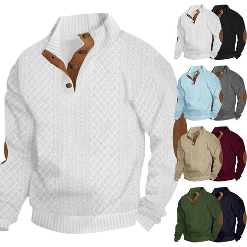 Herren nan grober Strickpullover mit Stehkragen Lederbesatz und Ellenbogenaufnähern Drune