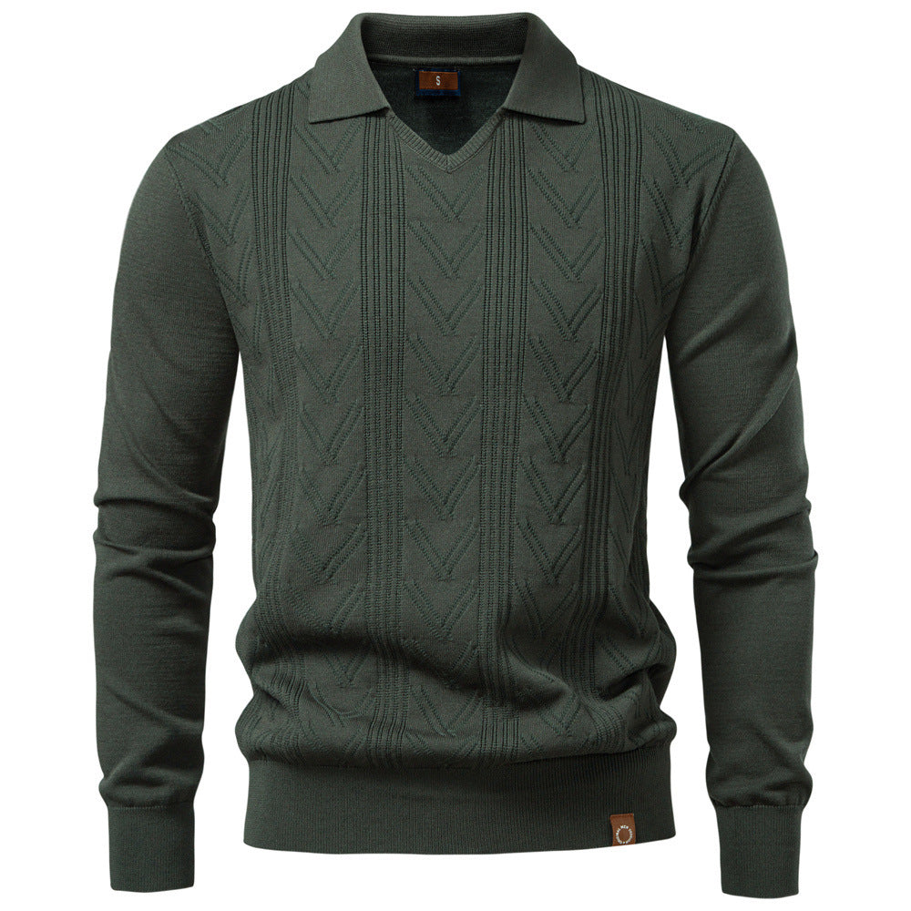 Herren nan feiner Strick-Polopullover mit V-Ausschnitt, Zickzackstruktur und Kentkragen Drune