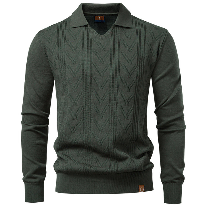 Herren nan feiner Strick-Polopullover mit V-Ausschnitt, Zickzackstruktur und Kentkragen Drune