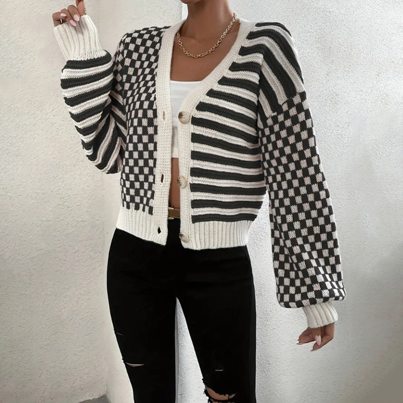 Damen Kuschelige Strickjacke mit kariertem Design und breiten Ärmeln Drune