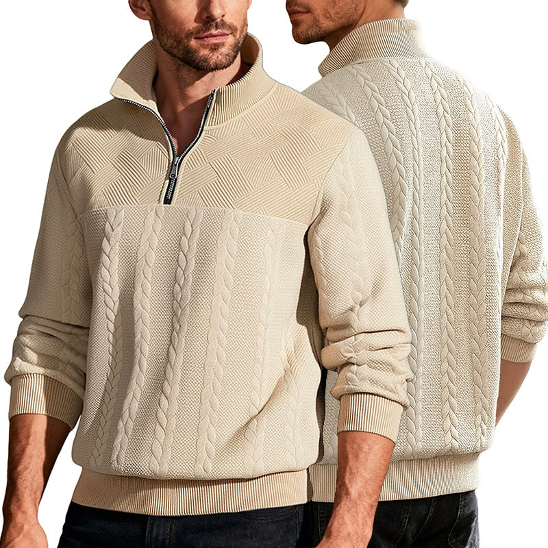 Herren nan texturierter Strickpullover mit Halbzip, geflochtenem Zopfmuster und hohem Stehkragen Drune