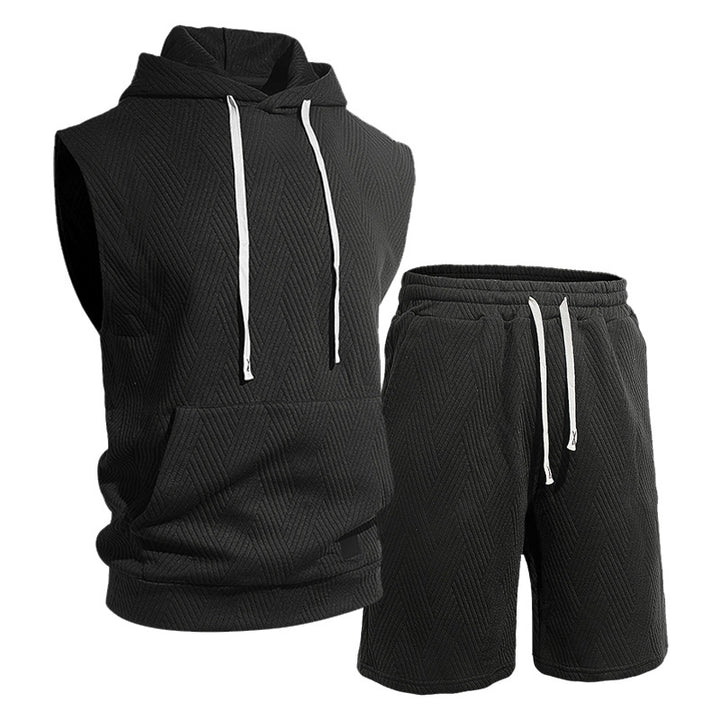 Herren nan ärmelloses Kapuzen-Lounge-Set aus strukturierter Baumwollmischung mit Kängurutasche und elastischer Freizeithose Drune