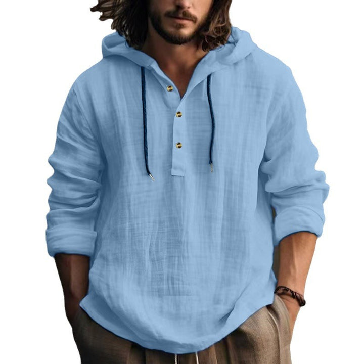 Herren nan leichtes Kapuzen-Henley Leinenhemd mit Knopfleiste und Kordelzug Drune