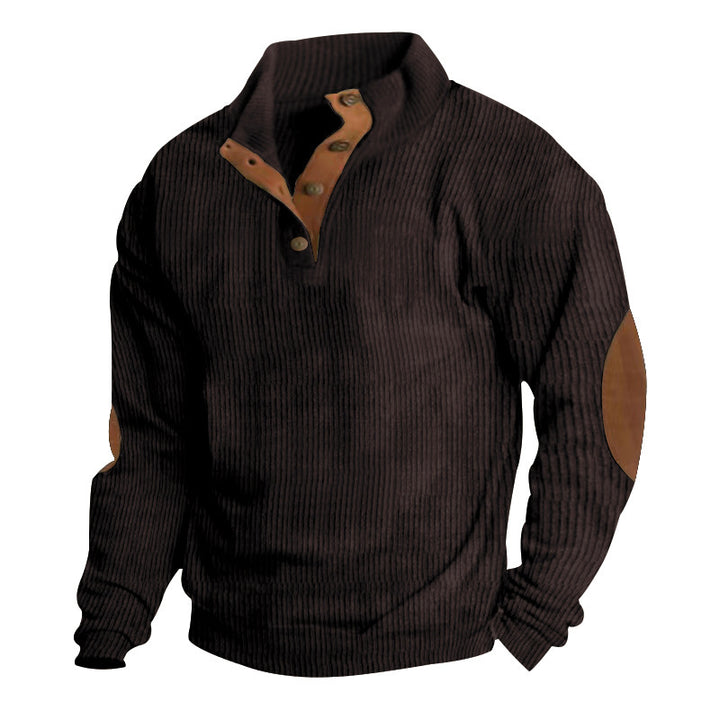 Herren nan rustikaler gerippter Pullover mit Henley-Kragen und lederartigen Ellbogenbesätzen Drune