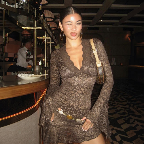 Damen Spitzenkleid mit raffinierten Ärmeln und elegantem V-Ausschnitt Drune