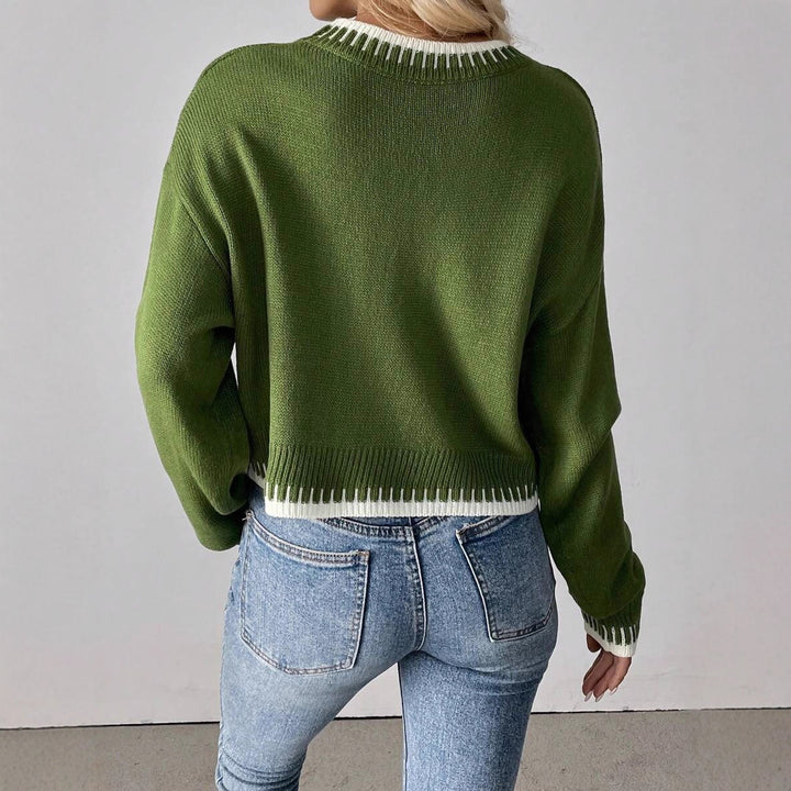 Damen Bequemer Strickpullover mit modischem Rundhalsausschnitt und farblich abgesetzten Details Drune