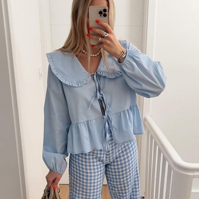 Damen verspielte Bluse mit Rüschensaum und Schleifenverschluss Drune