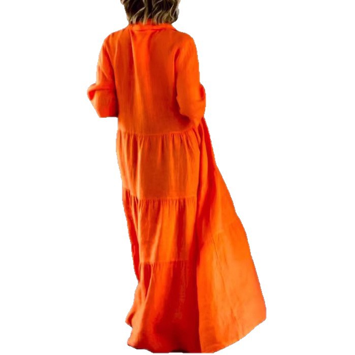 Damen nan langes Hemdblusenkleid mit geraffter Taillennaht, dreiviertelärmeln und stufigem Volantrock Drune