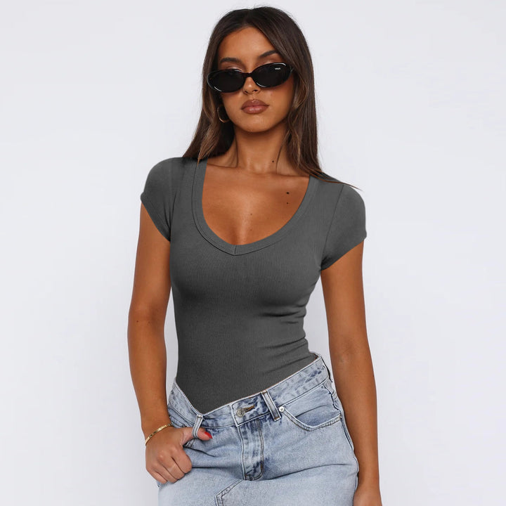 Damen figurbetontes V-Ausschnitt T-Shirt mit kurzen Ärmeln Drune