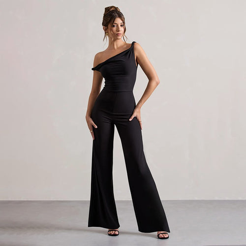 Damen schulterfreier Jumpsuit mit weitem Bein und elastischem Oberteil Drune