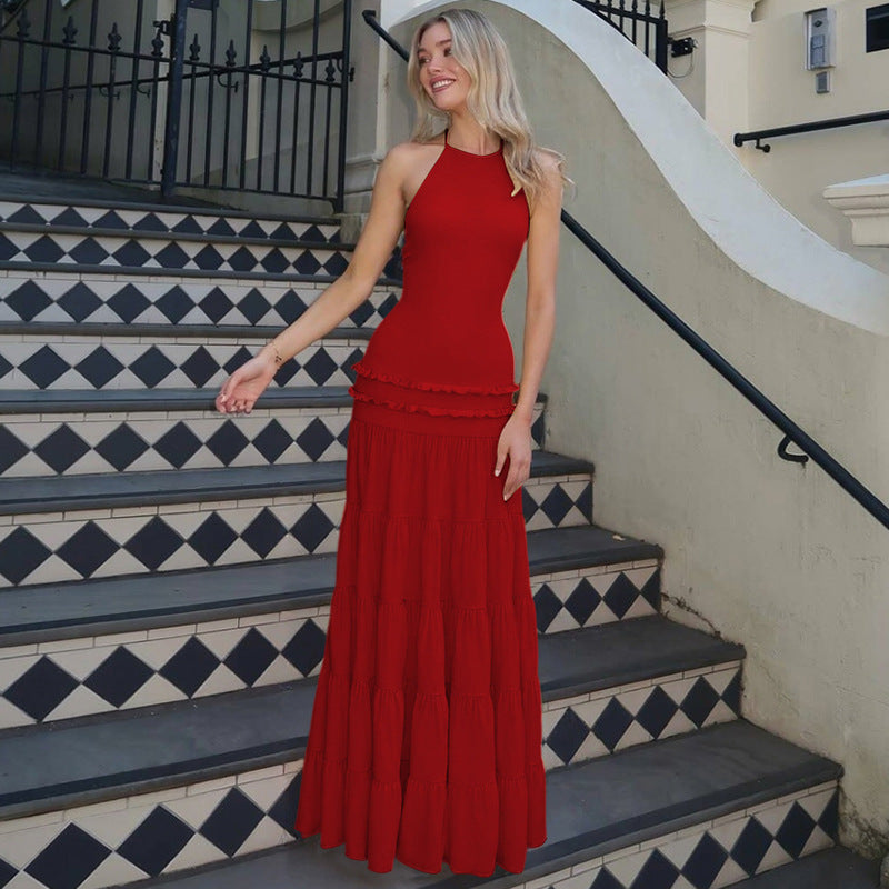 Damen Elegantes Spaghetti-Träger Maxikleid mit Rüschendetails Drune