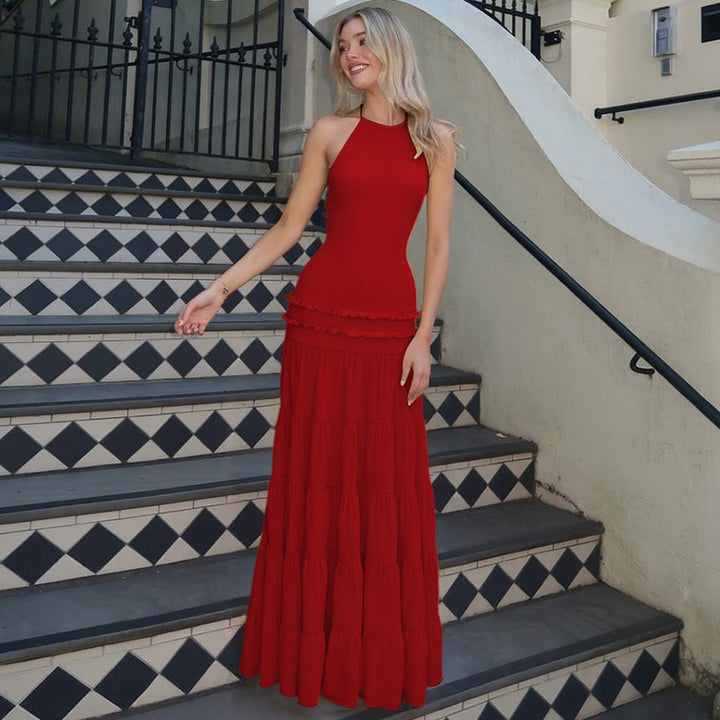 Damen Elegantes Spaghetti-Träger Maxikleid mit Rüschendetails Drune