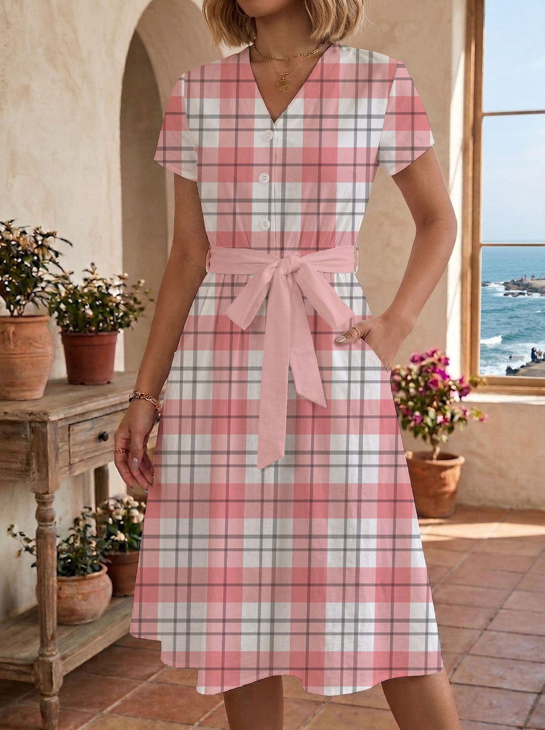 Damen lässiges Maxikleid mit taillierbarem Knoten und dekorativem Karomuster Drune