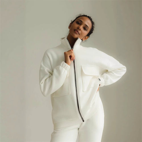 Damen bequeme Fleece-Jacke mit hohem Kragen und praktischen Taschen Drune